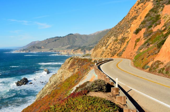 Highway 1 running along Pacific coast in Big Sur state parks in California.