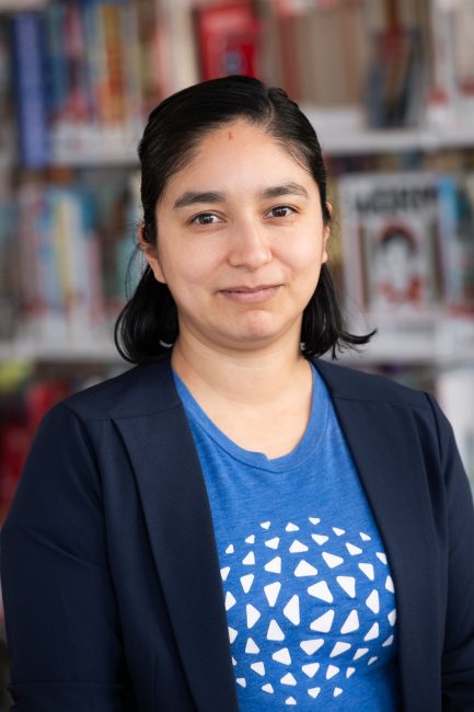 young woman in library